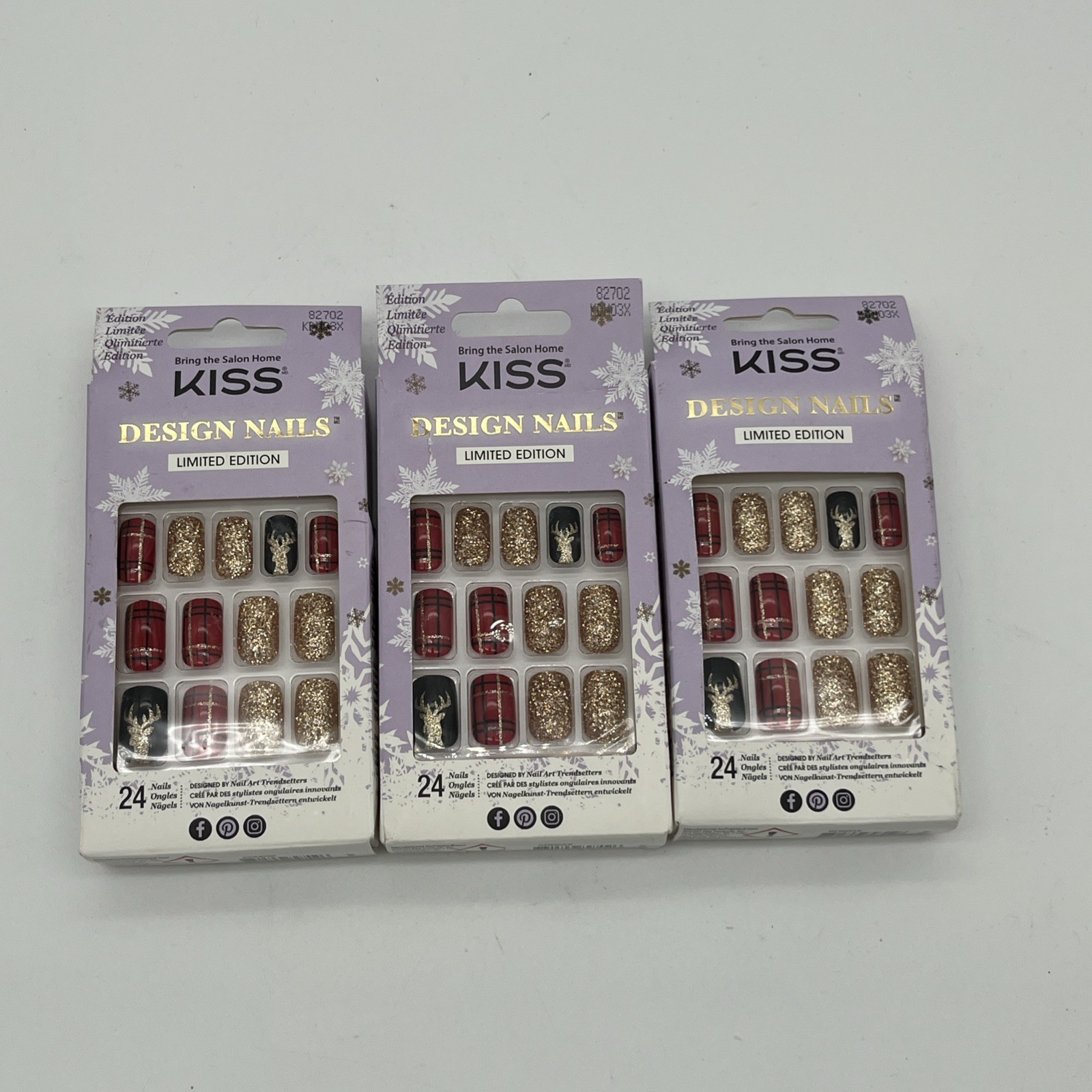 3pk Kiss Nails Limited Edition Glue Manicure Medium Reindeer Plaid Red Christmas