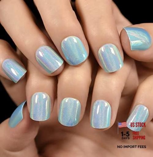 Light Blue Laser Press On Nails – Mirror Like Fake Nails – Round Blue Metal