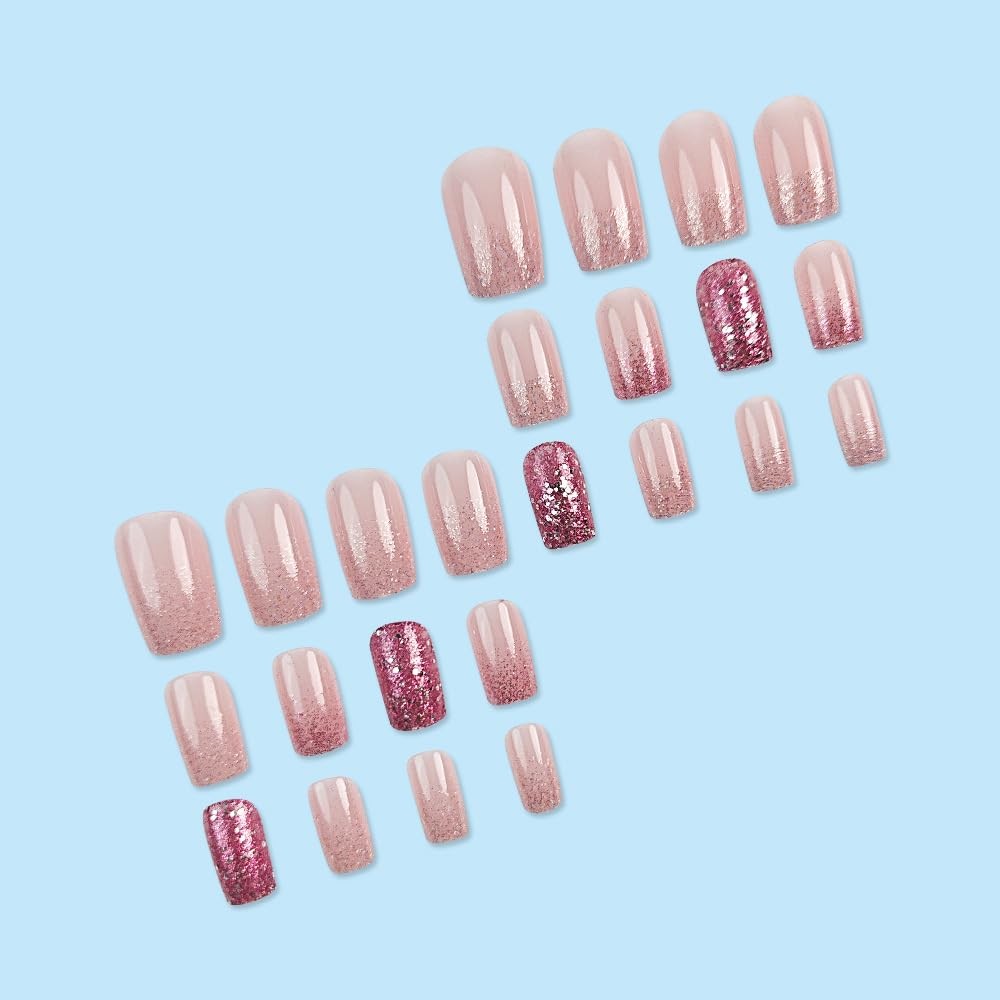 Glitter Ombre Press on Nails Short Square – WLGDLH Pink short, Color pink15