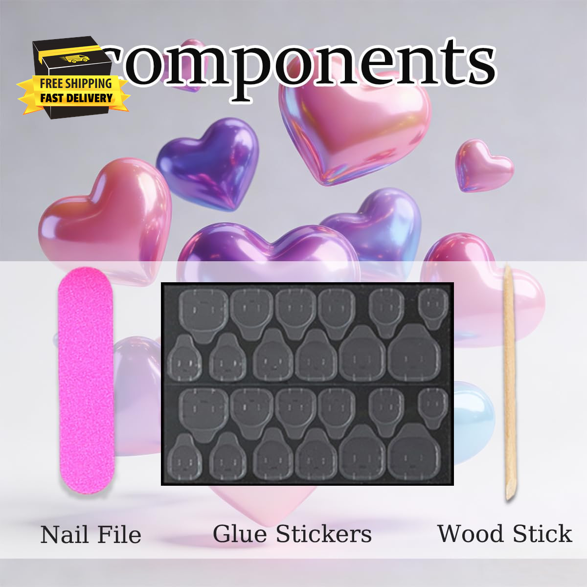 24Pcs Colorful Heart Press on Nails Short Square Fake Nails Blue Yellow Pink Hea
