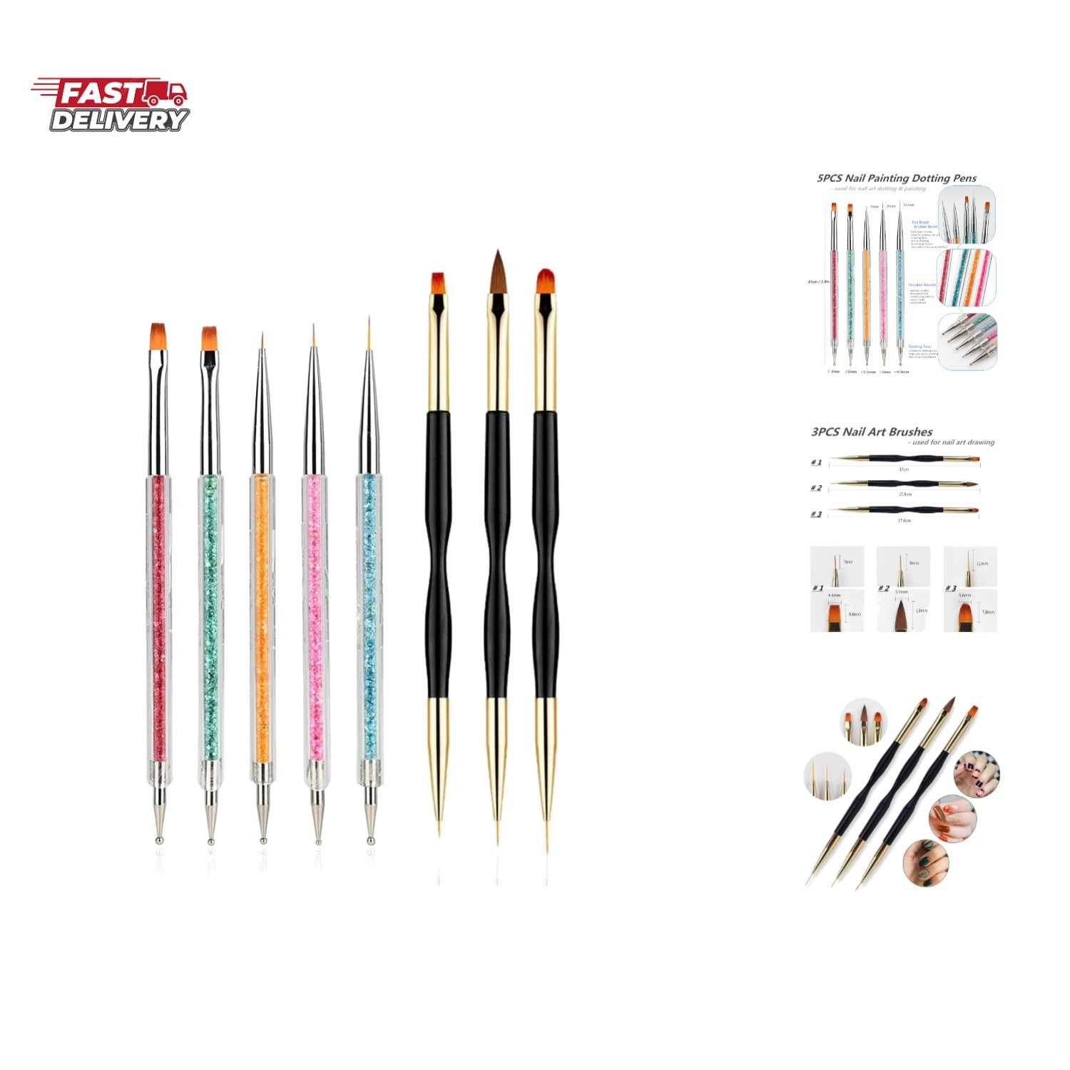 8PCS Nail Art Brushes, Double-Ended Brush and Dotting Tool Kit, Dual End Nail…