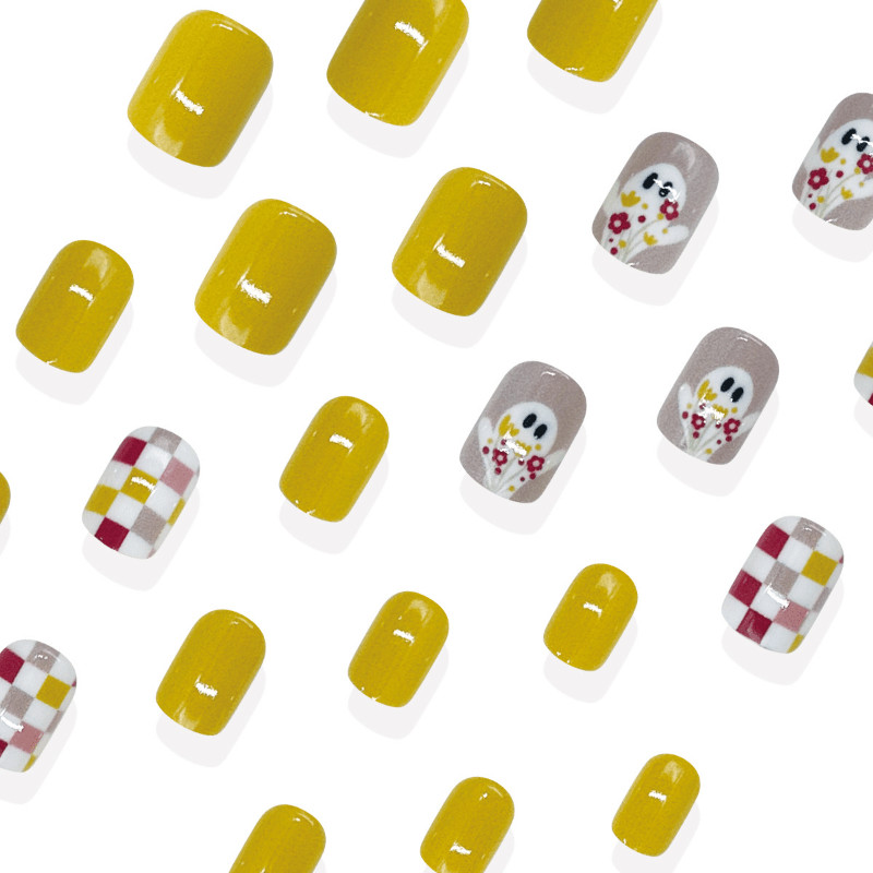 48 Pcs Checker Ghost Oval Press on Nails, Lovely Halloween Daily Fake Nails