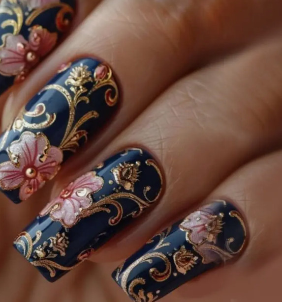 24 Pcs Press-On Nails Long Square Glossy – Dark Blue w/Pink Flowers