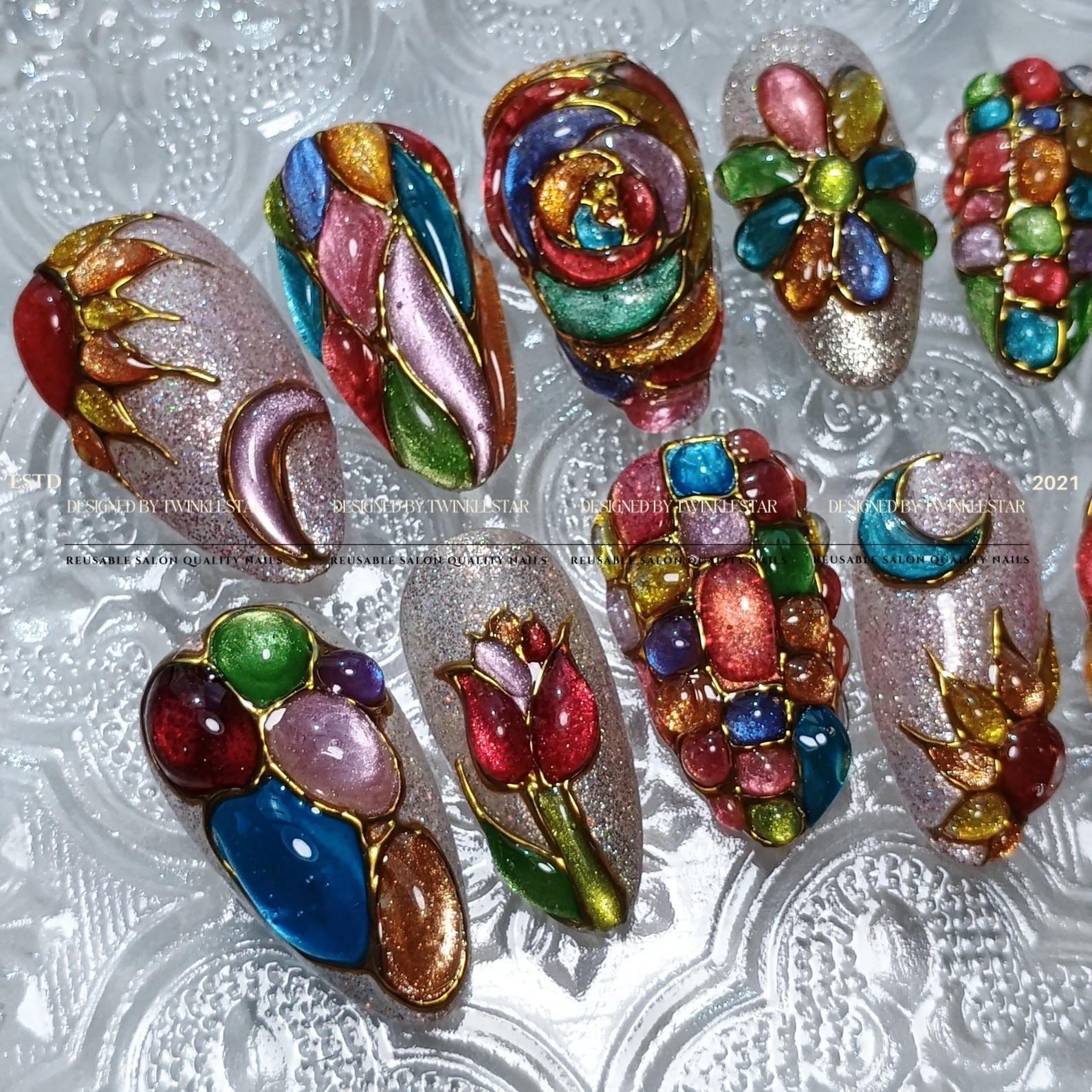 Handmade Stained Glass Colorful Gem Tulip Moon Gold Wire Almond Press on Nails