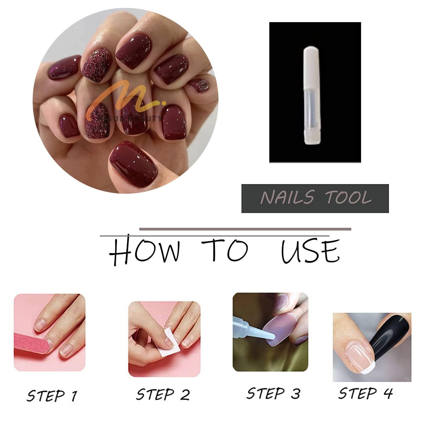 Press on Nails – Short Square Fake Nails with Burgundy, Acrylic Bling Glitter…