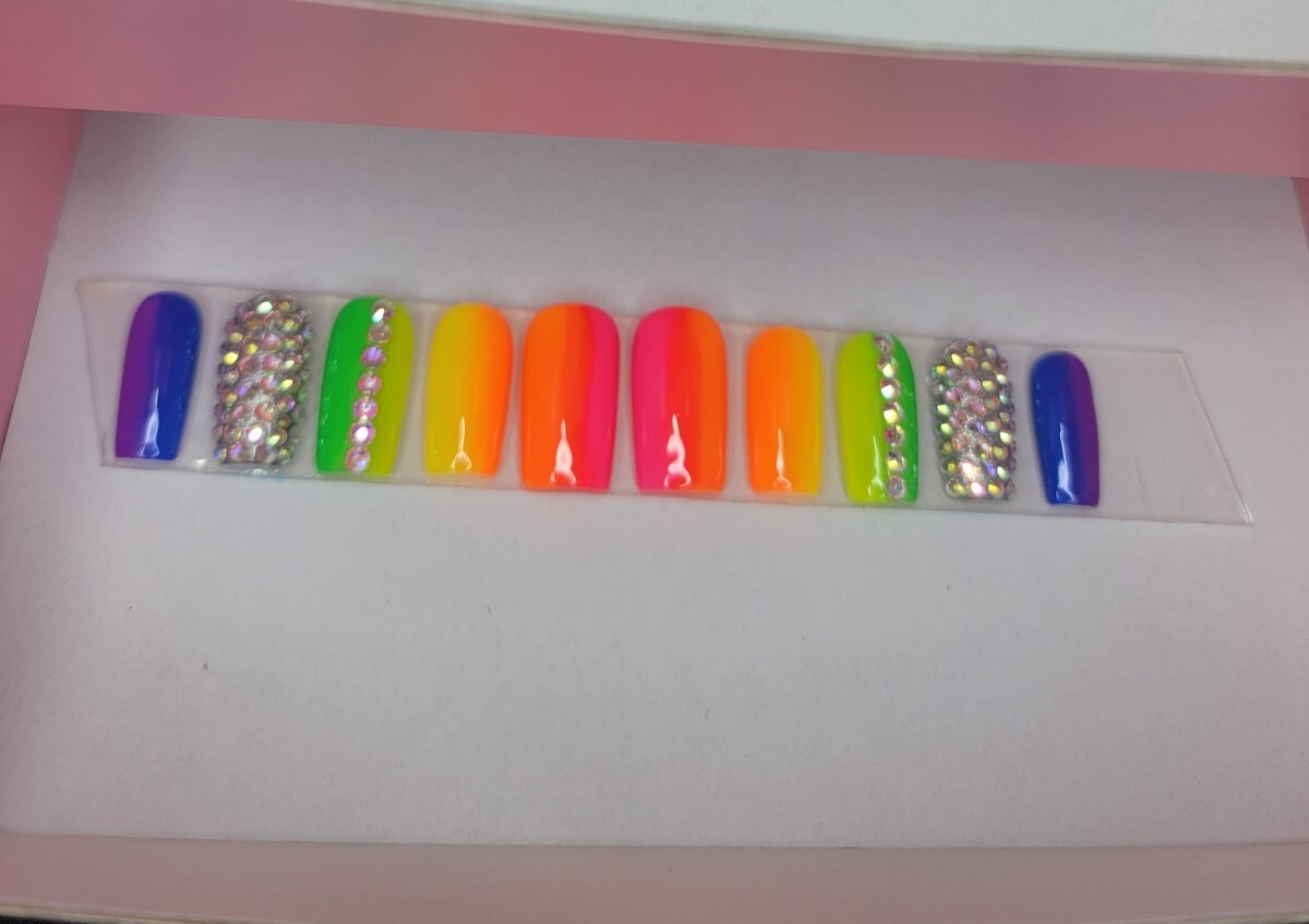 Neon Rainbow ombre nails Press On nails long square pride nails