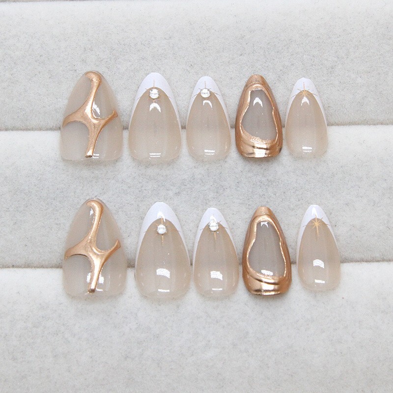 24pcs French Style Starburst 3D Golden press on Nails, Medium Almond Shape