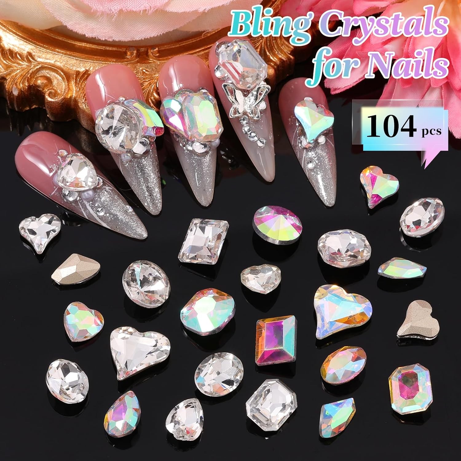 104PCS Large Clear AB Glass Nail Gems, 3D Rhinestones for Nail Art & DIY
