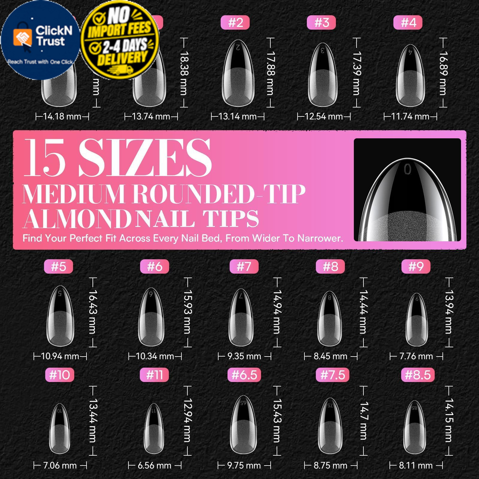 Makartt Medium Almond Nail Tips: 240PCS, 15 Sizes, Half Medium-Long, Clear