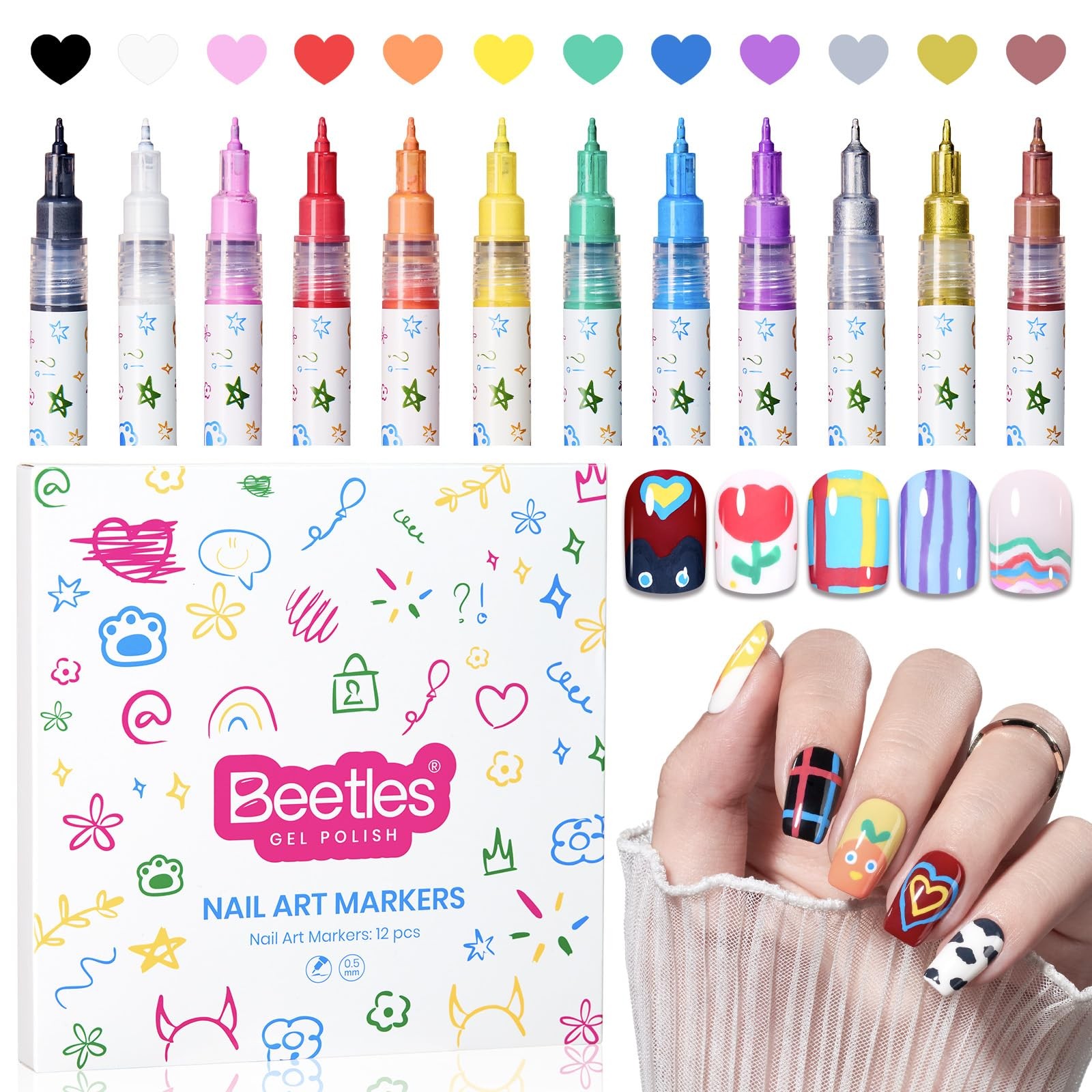 Beetles 12 Colors Nail Art Pens, 0.5mm Fine Line 12 Polish Pens