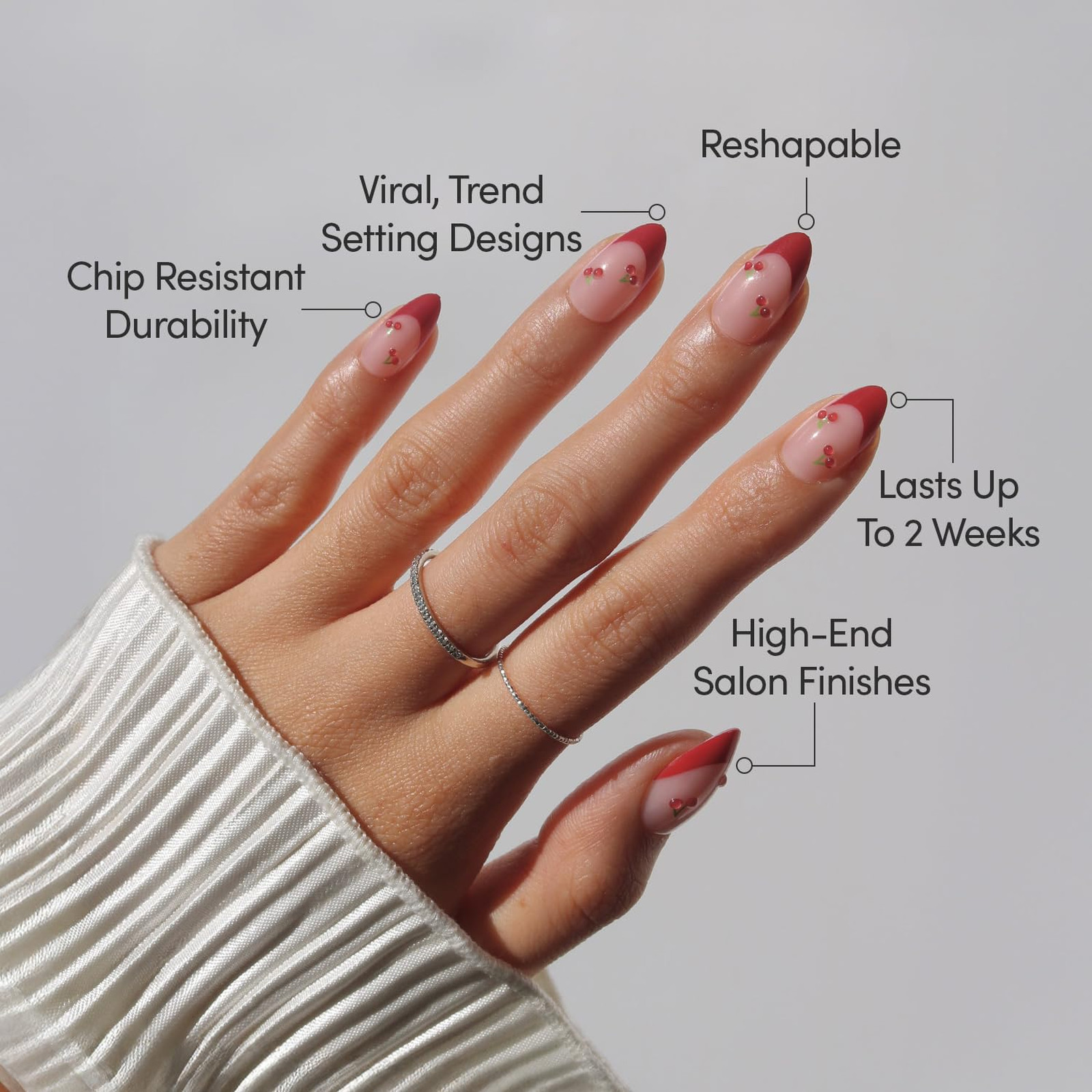 Press On Nails Cherry Bomb Short Almond Fake Nails Glossy Red French Tips 3D
