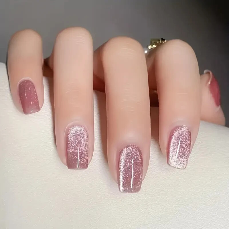 24Pcs Glitter Press On Nails Medium Square Glitter Fake Nails Pinkish Cat Eye Wi
