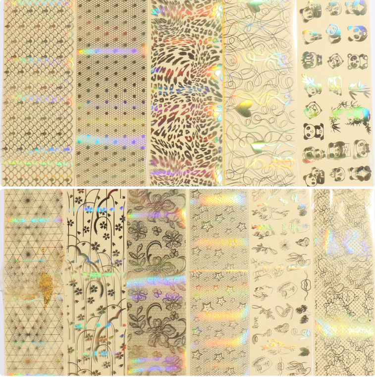 16pcs Golden Panda Leopard Moon Star Line Transfer Nail Foil Stickers Decal 15JS