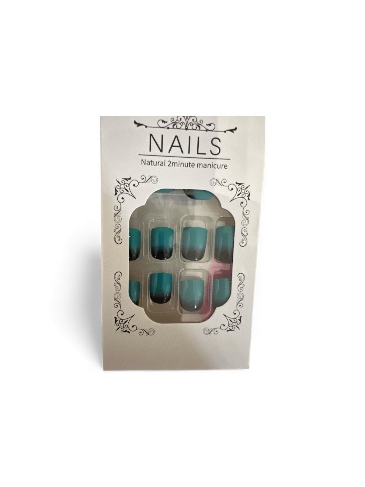 Teal Blue Ombre Press On Nails Short Square Gradient Fake Nails Glossy 24pc Set