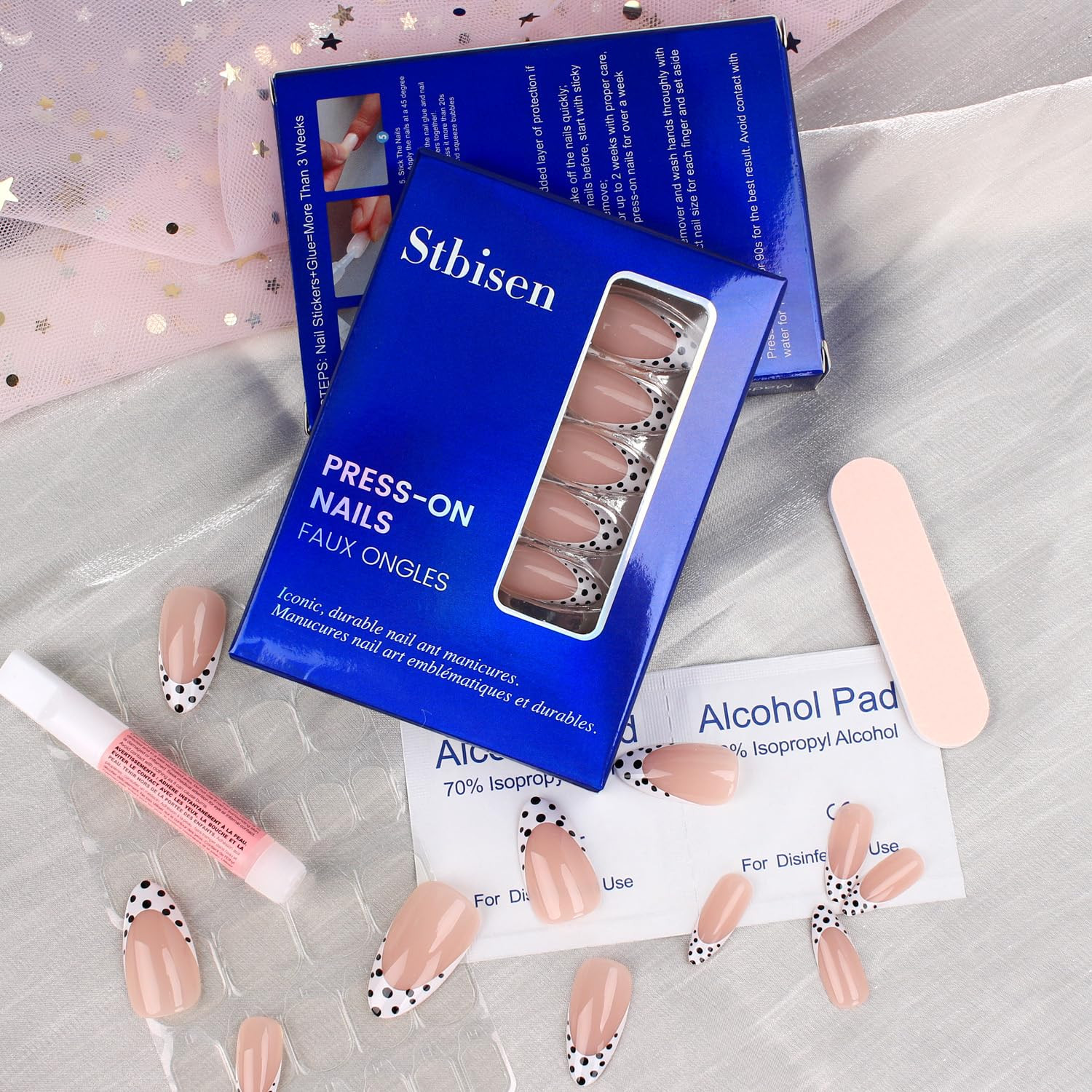 Press on Nails Almond Medium – Nude Pink French Tips with Black & White Polka Do