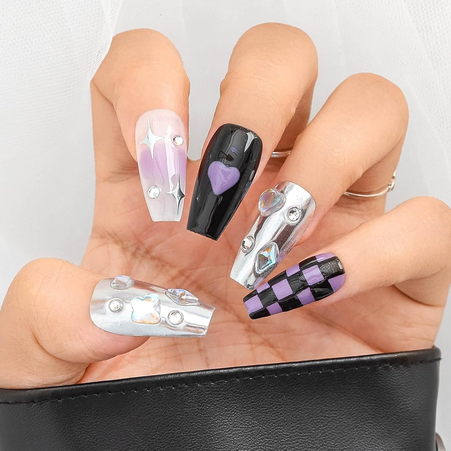 10 Piece 3D Reusable Handmade Press On Nails Metallic Chess