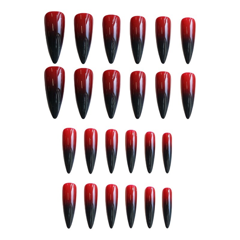 48Pcs-Long Stiletto Red Black Reverse Gradient Glossy Press on Nails