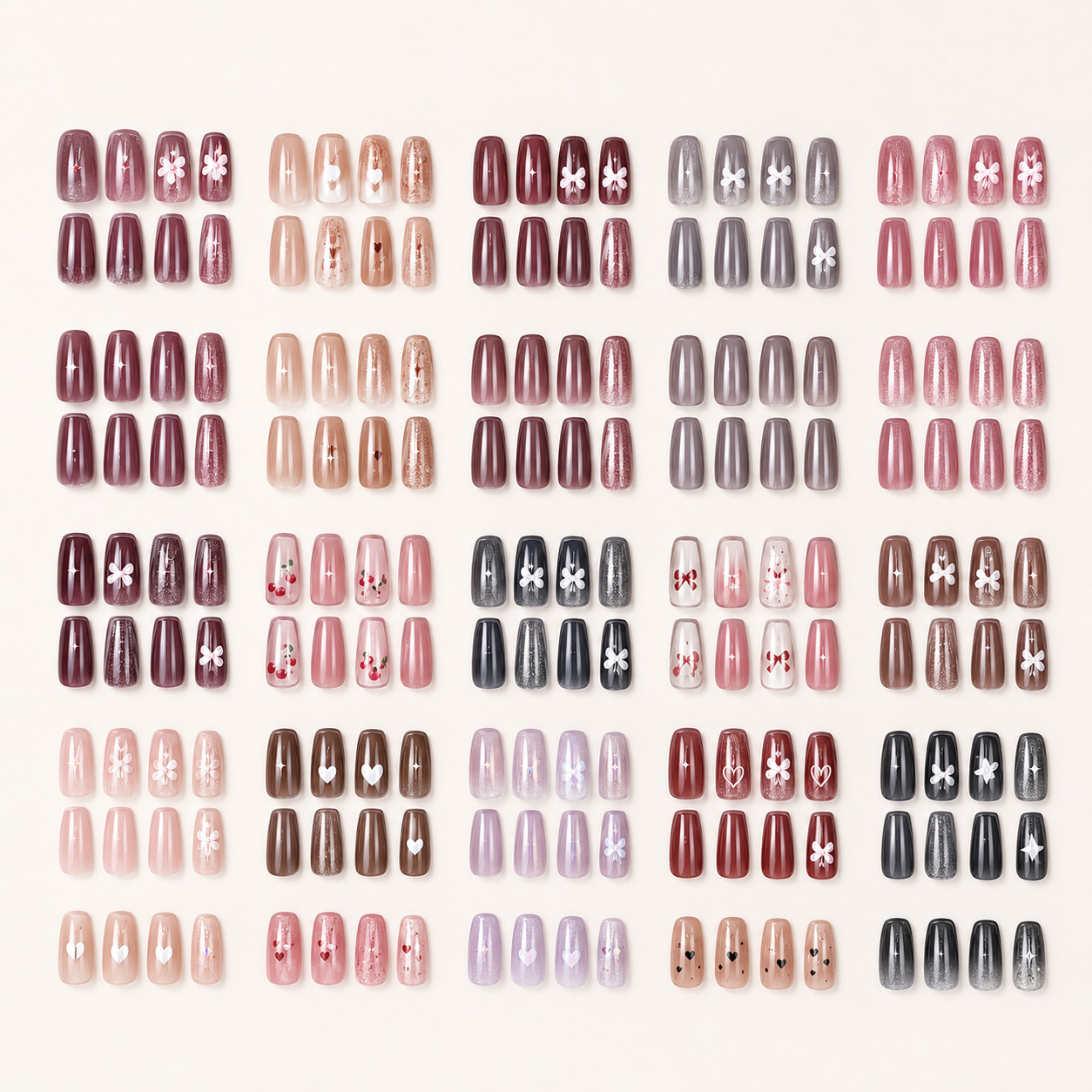 10 Boxes Pre Designed Floral Square Medium Press On Nails, Shiny Multicolor Nail