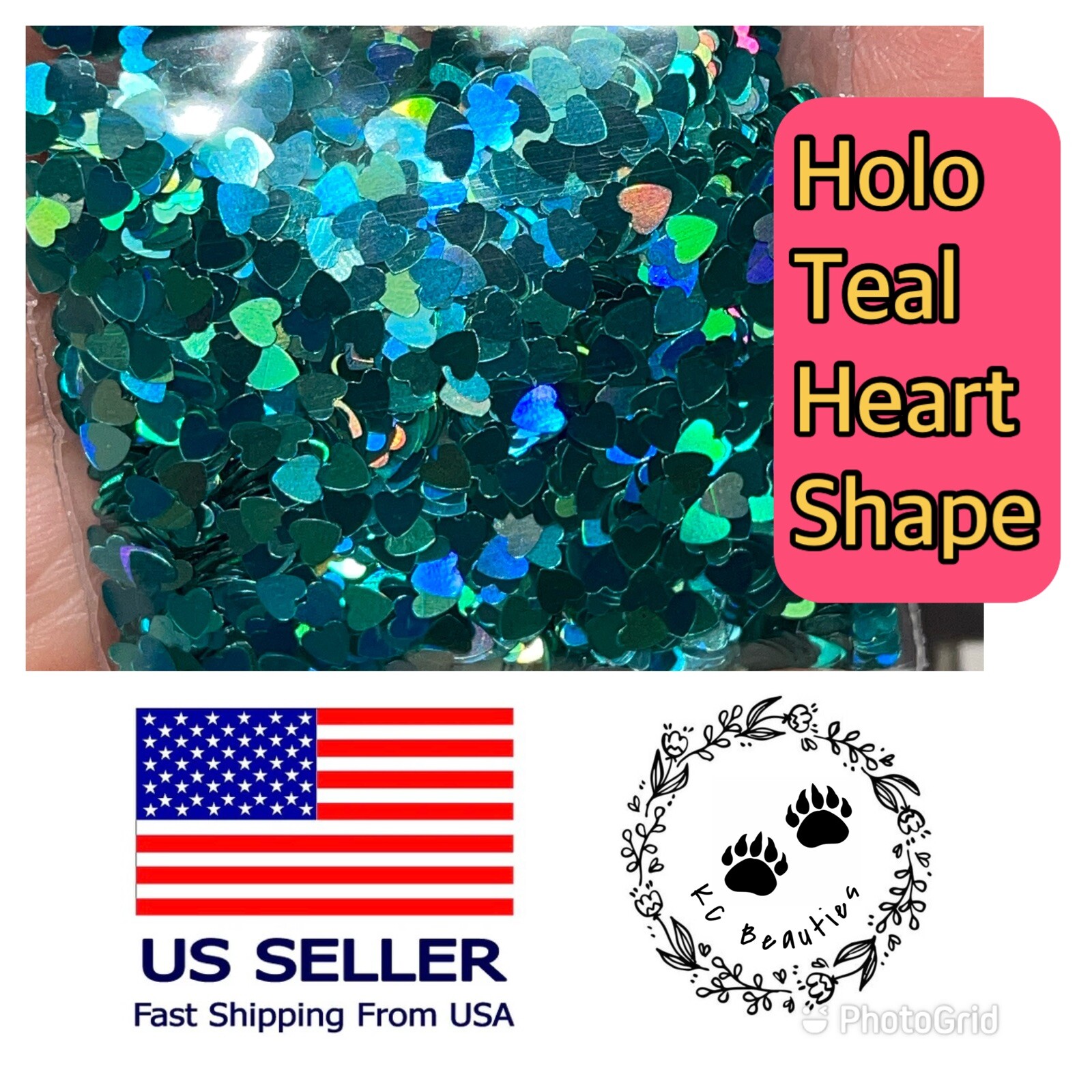 Holographic Teal Heart Glitter Nails Festivals Craft Tumbler Epoxy 1 TBSP