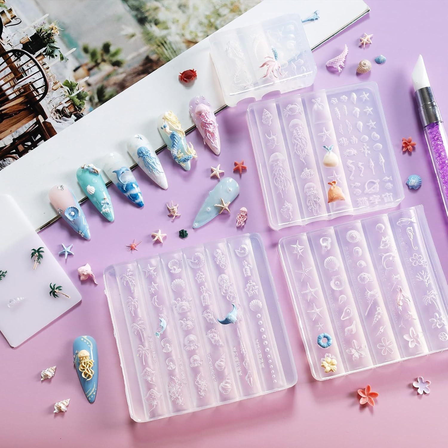 4Pcs Ocean Silicone Nail Art Molds, 3D Mermaid, Starfish, Seashell, Jellyfish Na