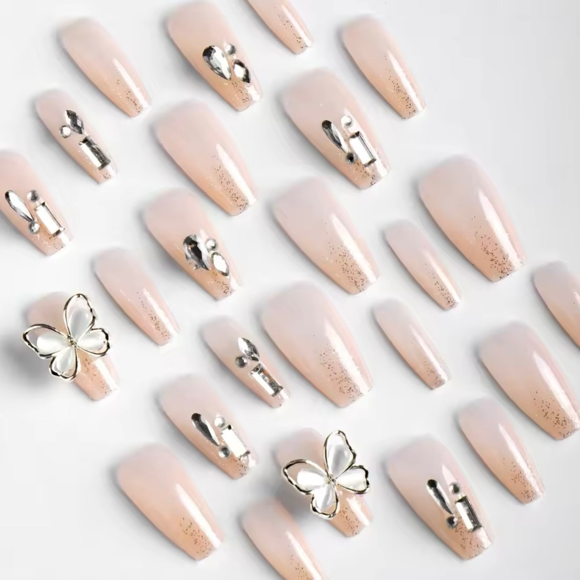 24pcs Bling Bling Butterfly Long Coffin Fake Nail – Press On Nails