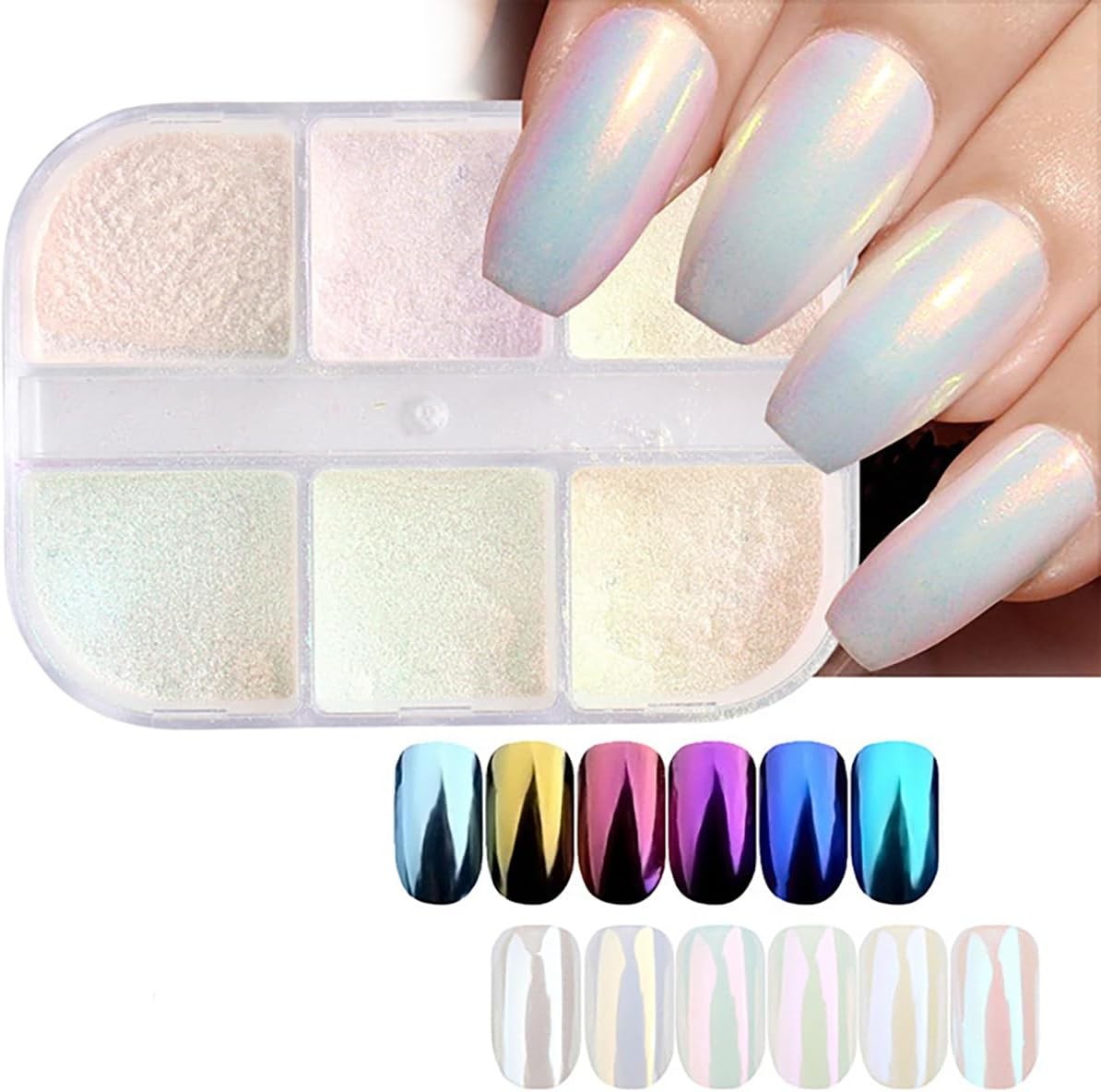 6 Colors Chrome Nail Powder Set, Mirror Effect Metallic Iridescent Mica Powder f