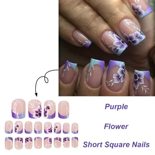 French Tips Press on Nails Purple Flower Fake Nails with Purple Ombre Flower