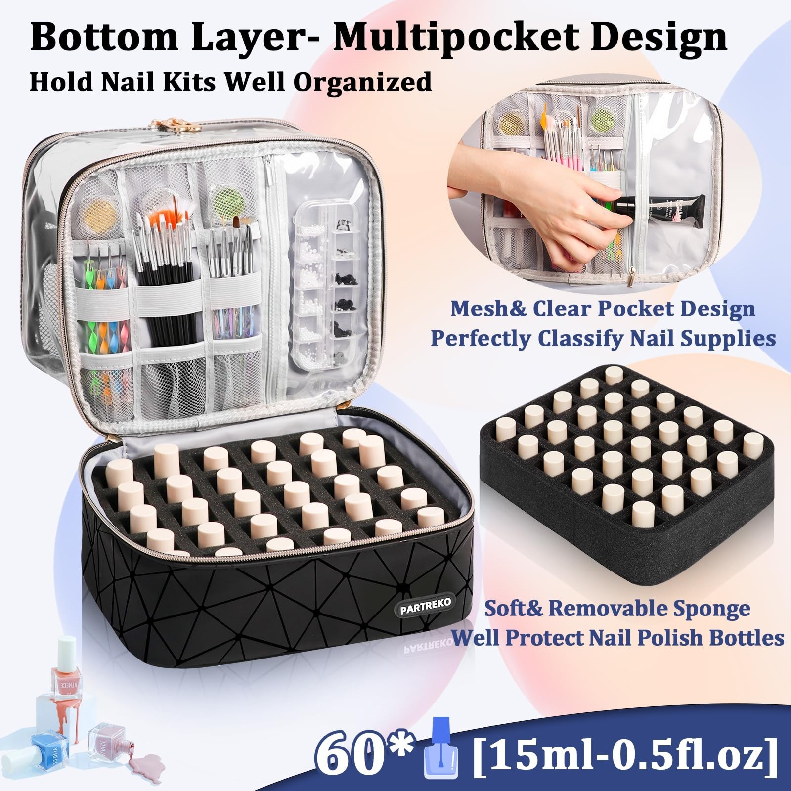 Clear Nail Polish Organizer Holds 60 Bottles (15ml/0.5fl.oz)& Nail Lamp, Doub…