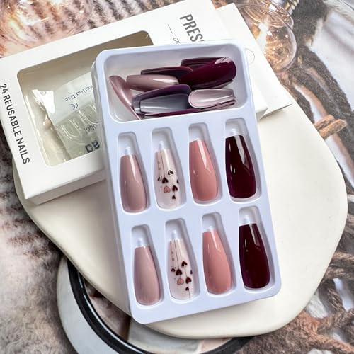24pcs Coffin Press on Nails Medium Heart False Nails style23-red heart