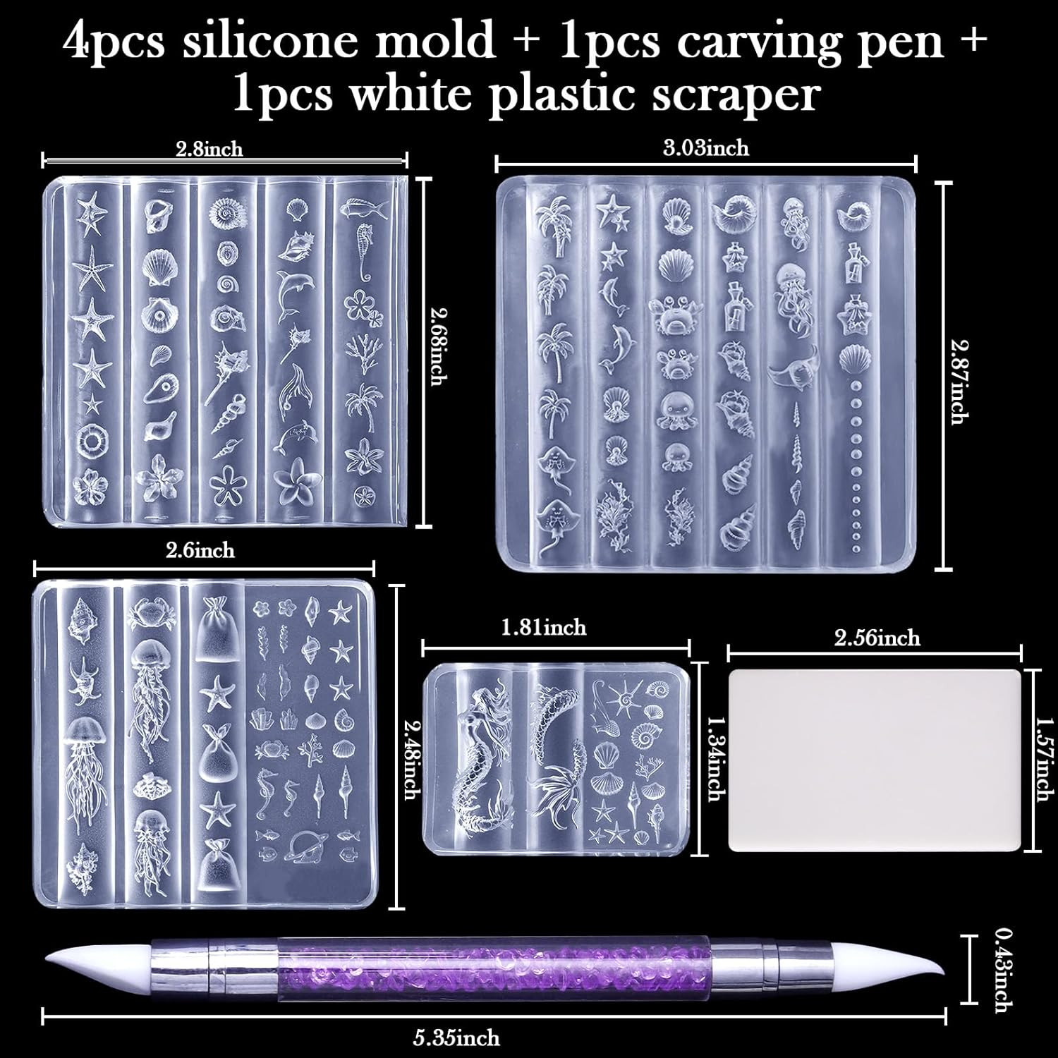 4Pcs Ocean Silicone Nail Art Molds, 3D Mermaid, Starfish, Seashell, Jellyfish Na