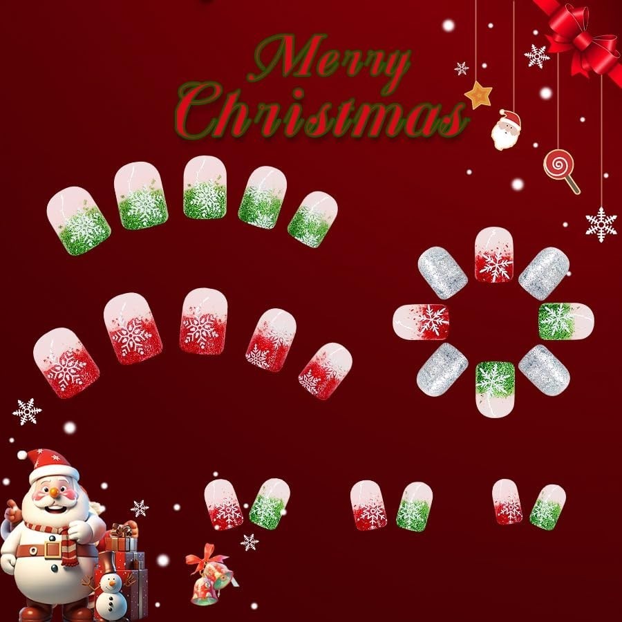 2 Packs 48Pcs Christmas Press on Nails Short Square Fake Nails Red Green Glit…