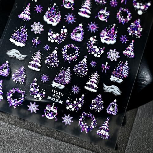 1 Sheets Purple Christmas Nail Art Stickers Embossed Xmas Snowflake Nail Wen-21