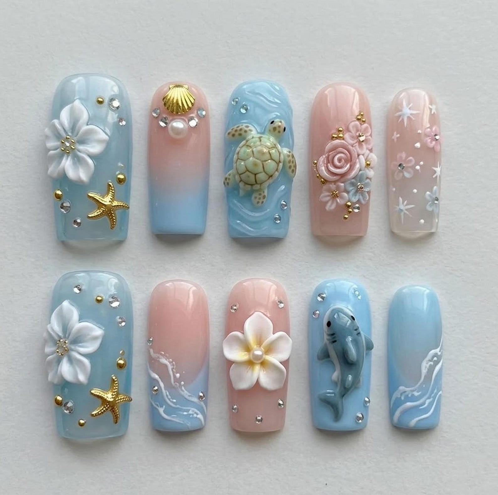 Handmade Ocean Theme Turtle Shark Flower Starfish Medium Square Press on Nails