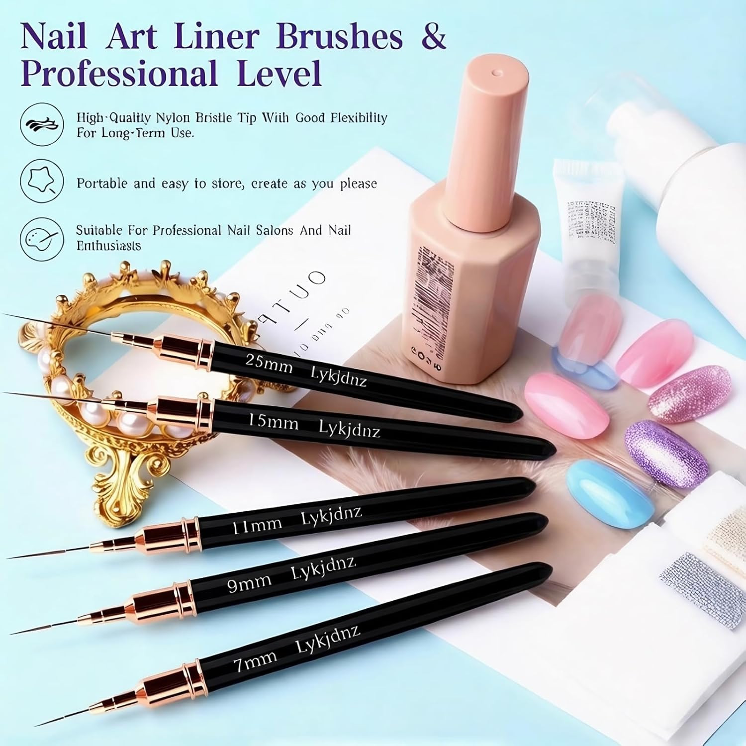 5Pcs Nail Art Liner Brushes, Liner Brush for Nails Gel, Thin Nail Art Brush, Siz