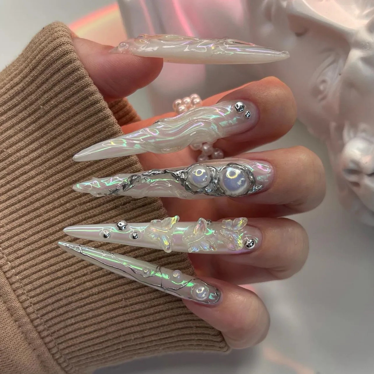 24pcs Y2k Sliver Flame Spider Long Pointed Press on Nails