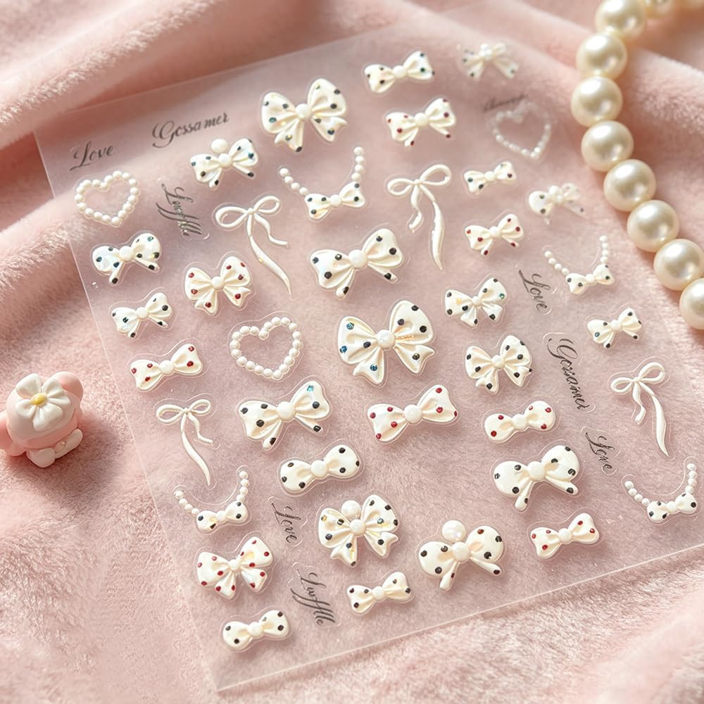 5D Embossed Polka Dot Bow Nail Stickers Shell Light Cute Heart Bow Nail Decals F