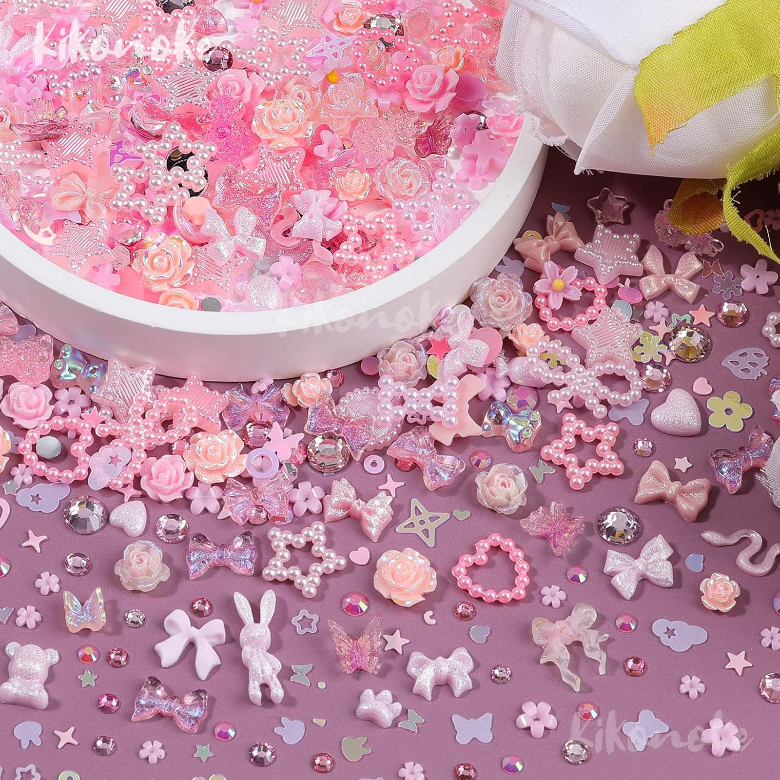 Pink Nail Charms Kit 3D Nail Gems Rhinestones Flatback Pearls Mixed Shapes for