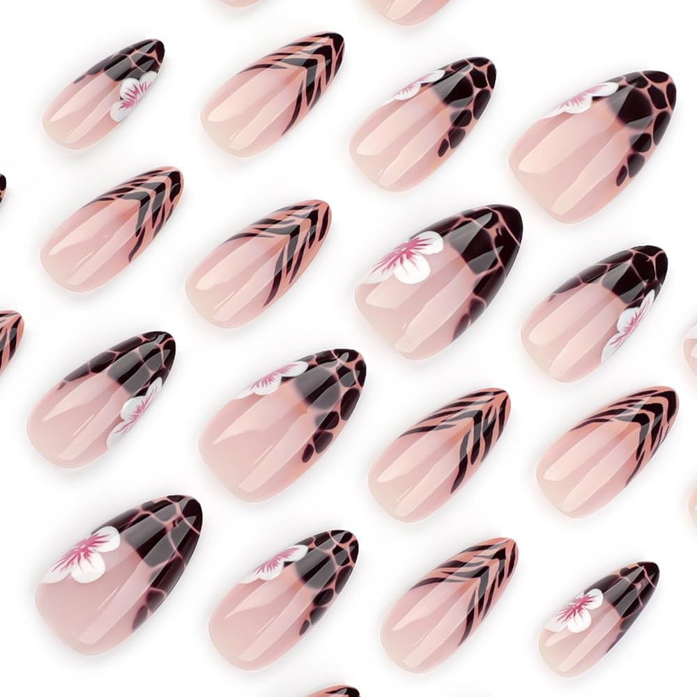 24 Pcs Spring Press on Nails Short Almond,Pink Fake Nails Press ons Leopard P…