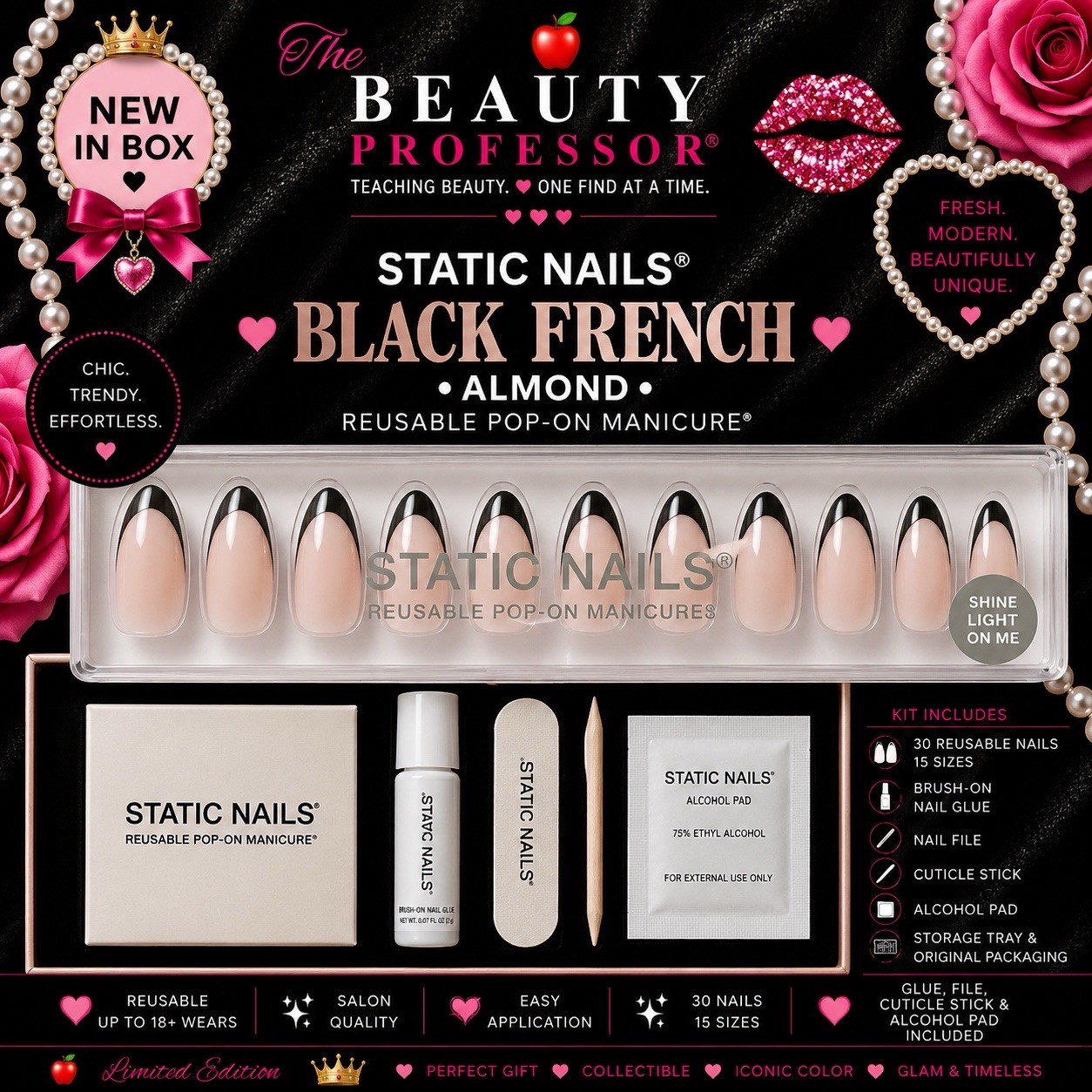 🖤 Static Nails Black French Almond Reusable Pop-On Manicure New In Box