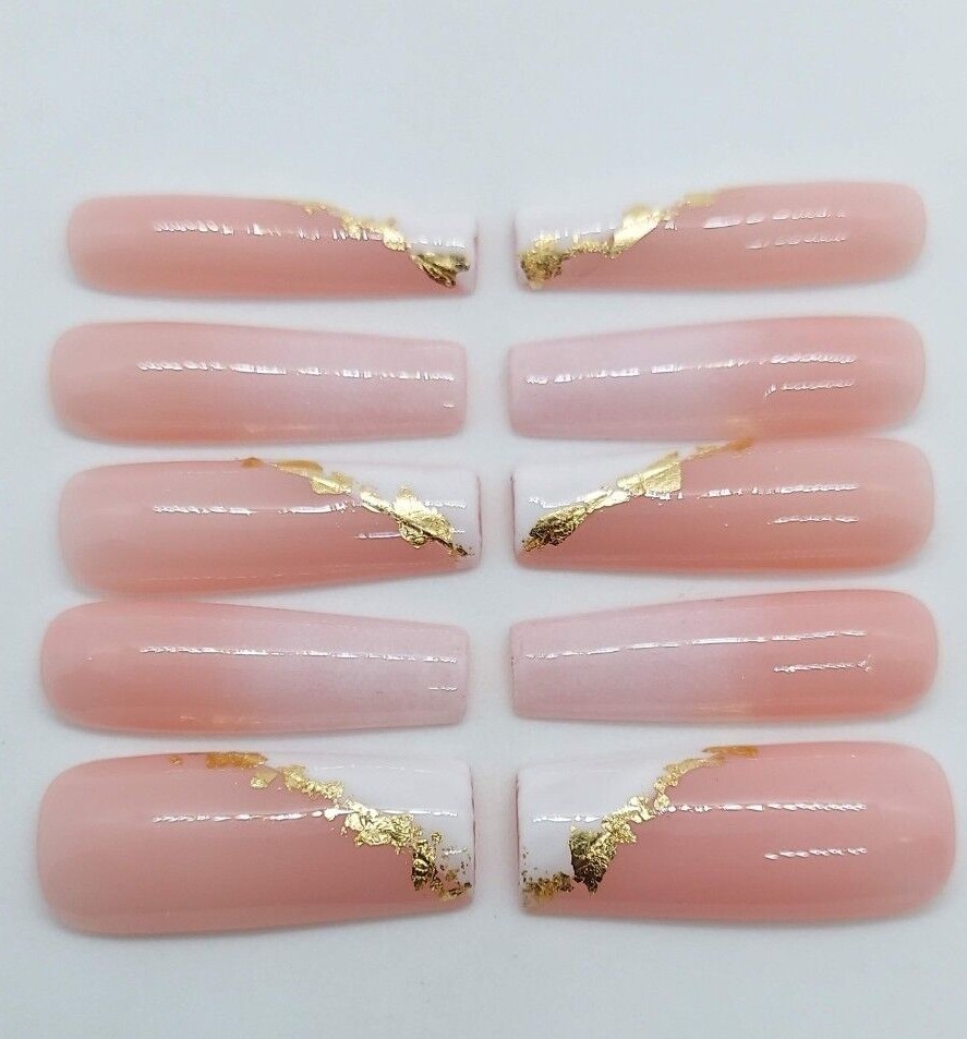White Slanted French Gold Nude Wedding Elegant Ombre Special Event Press on Nail