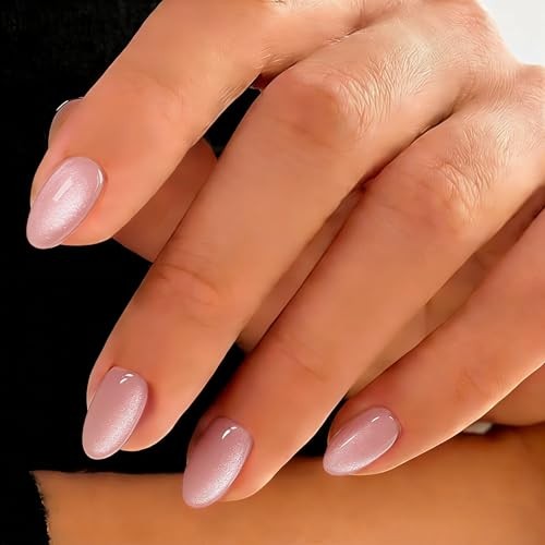Cat Eye Press on Nails Short, Chrome Press on Nails Oval, Thick Glazed Pink