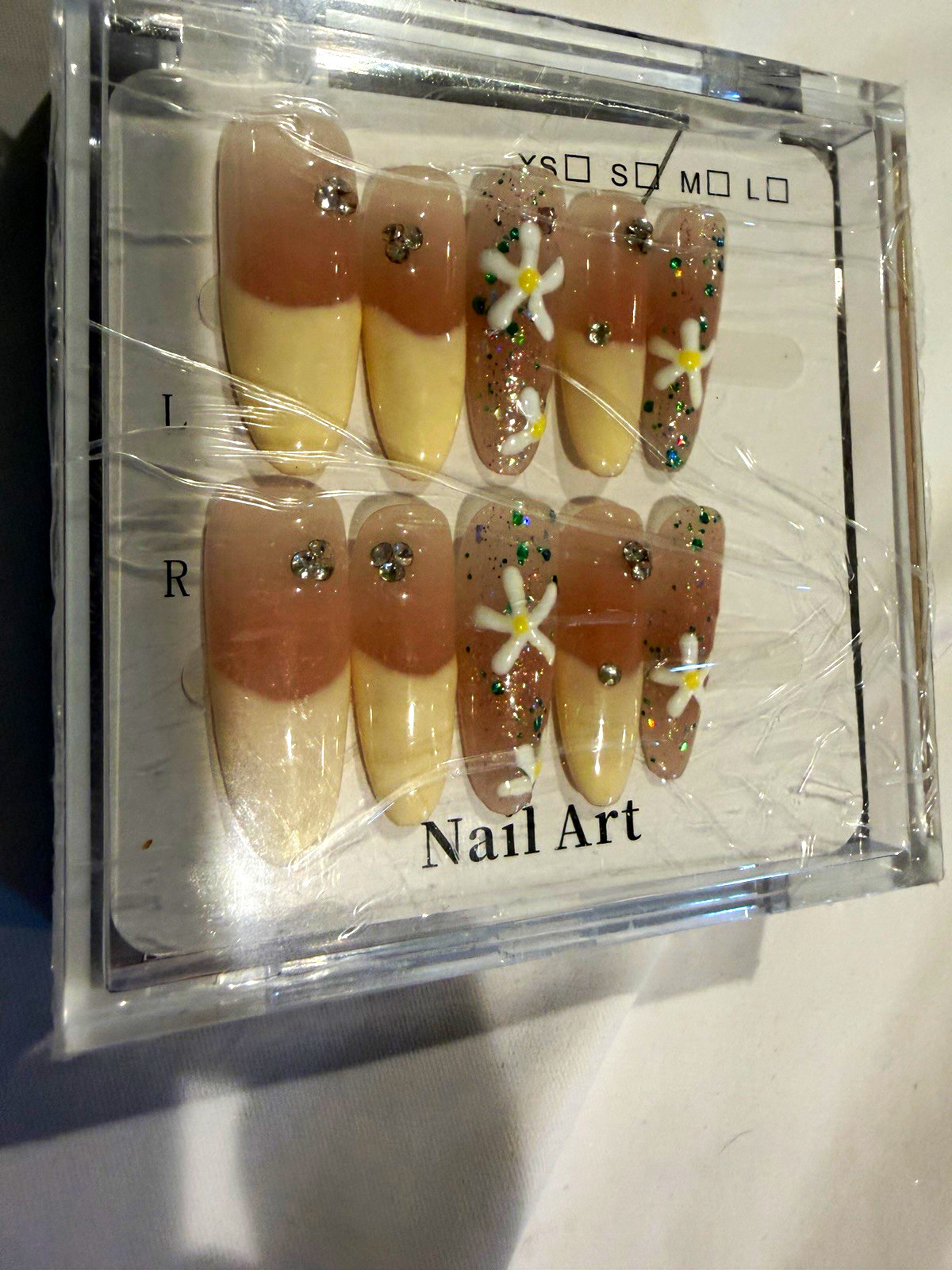 Beige White Green Glitter Pre-Designed Full Cover Long Almond Press-On Nails
