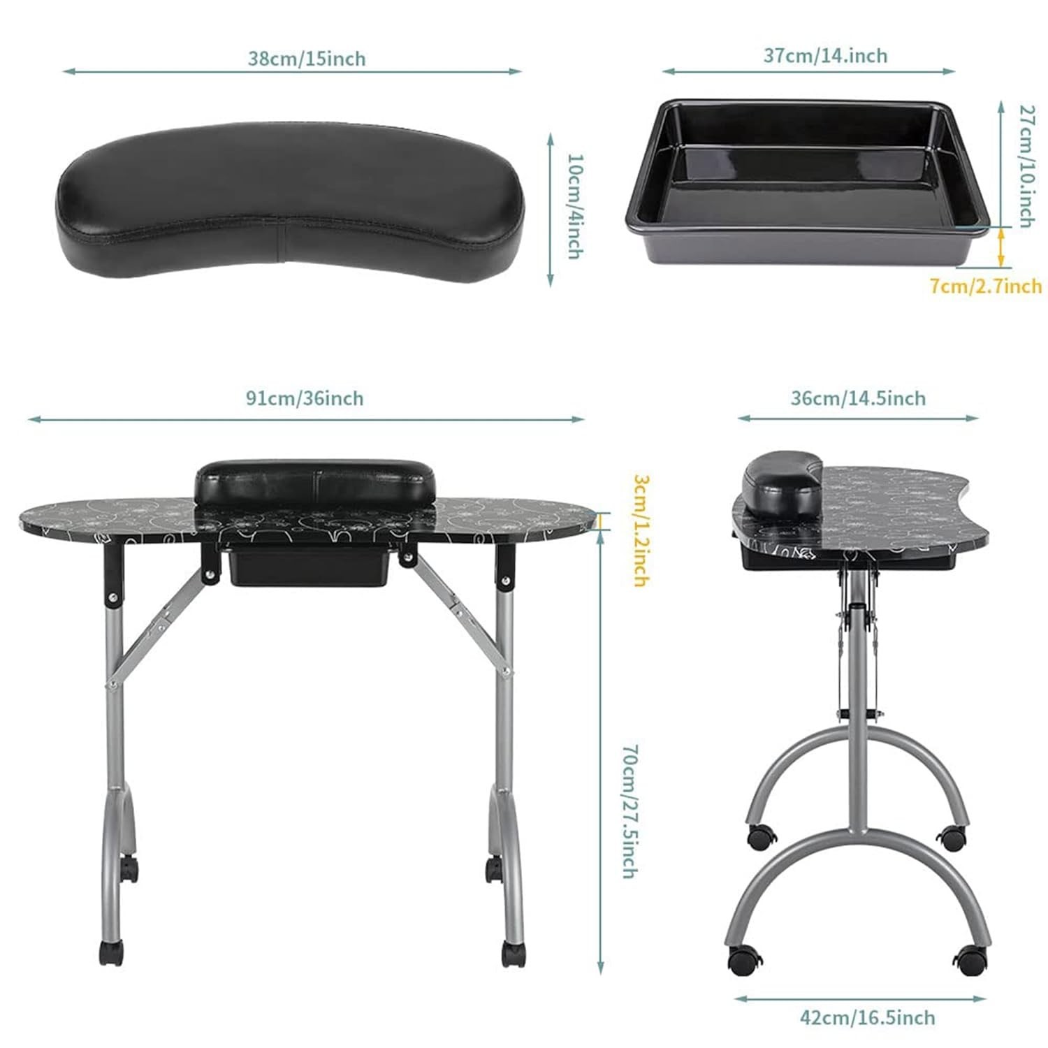 Professional Black Manicure Table 36”L with USB LED Light & Comfort Sponge Pad