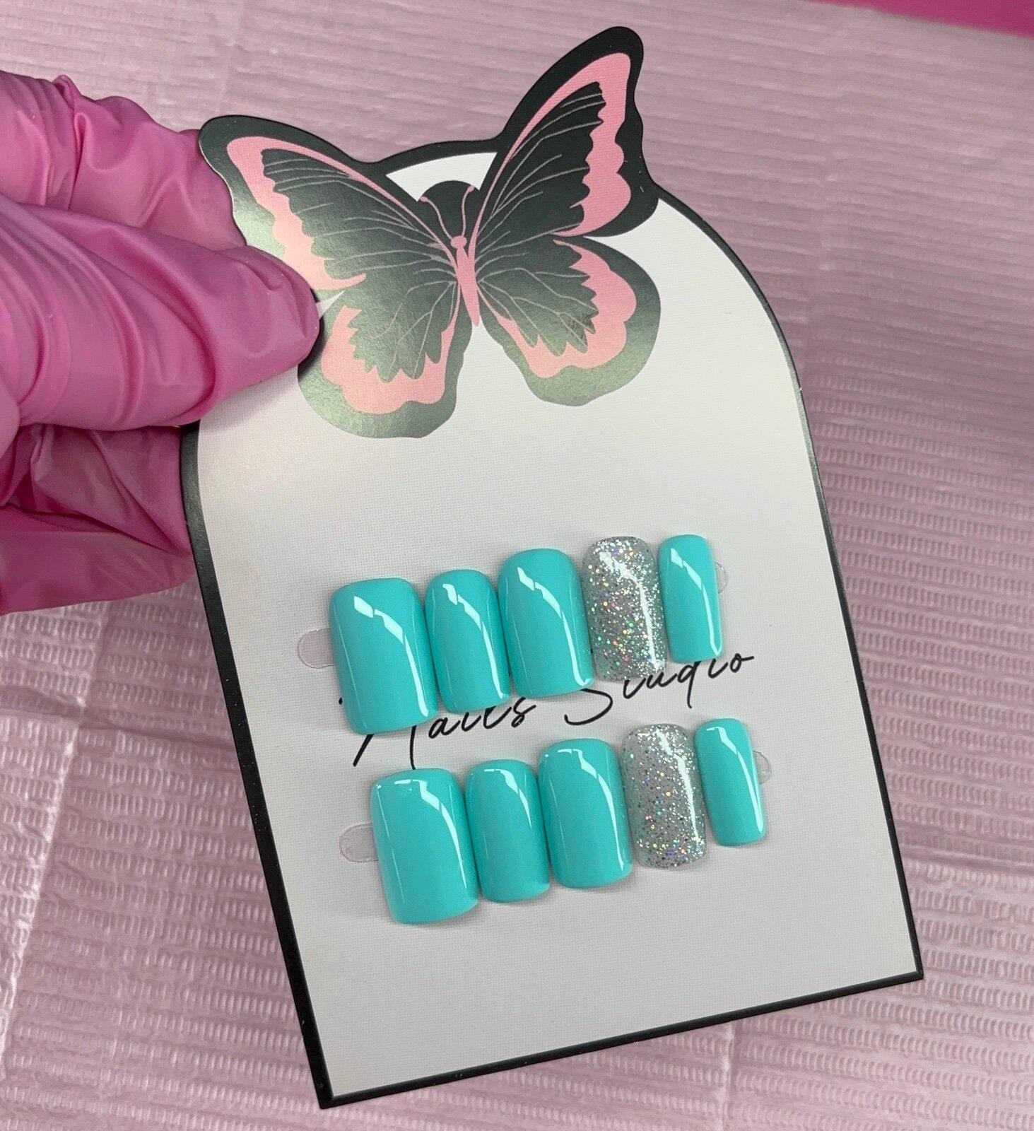 Short square Press on nails silver glitter teal light blue handmade custom gel