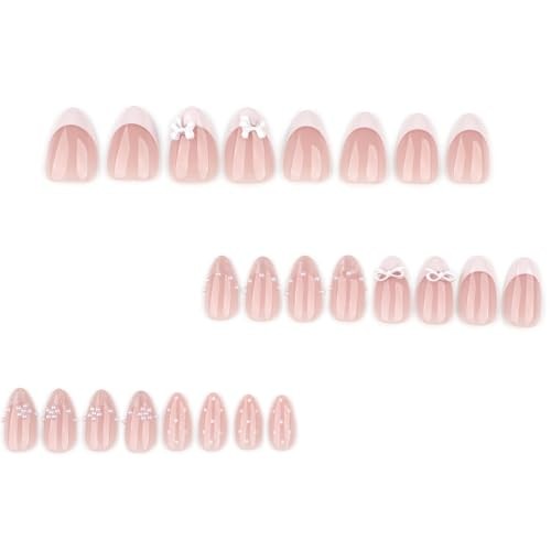 24pcs White French Tip Press on Nails Short Almond Fake Nails with Pink Bow -6