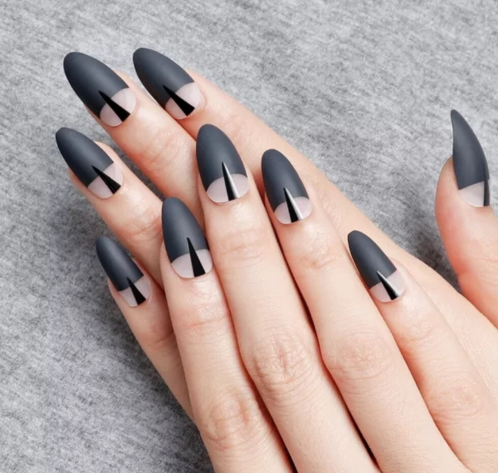 24 Medium Press on nails kit w glue mid frosted black matte clear goth almond