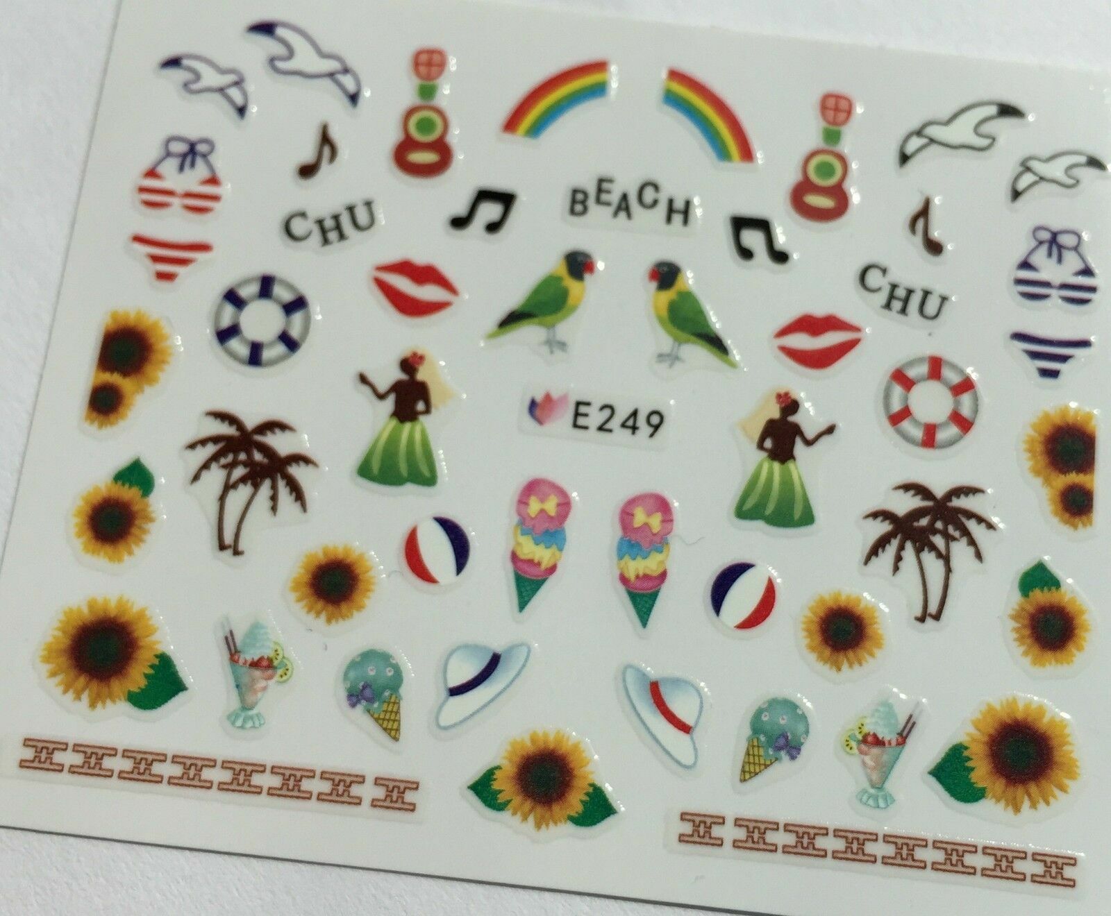 Nail Art 3D Decal Stickers Tropical Chu Beach Rainbow Hula Dancer Palm Tree E249