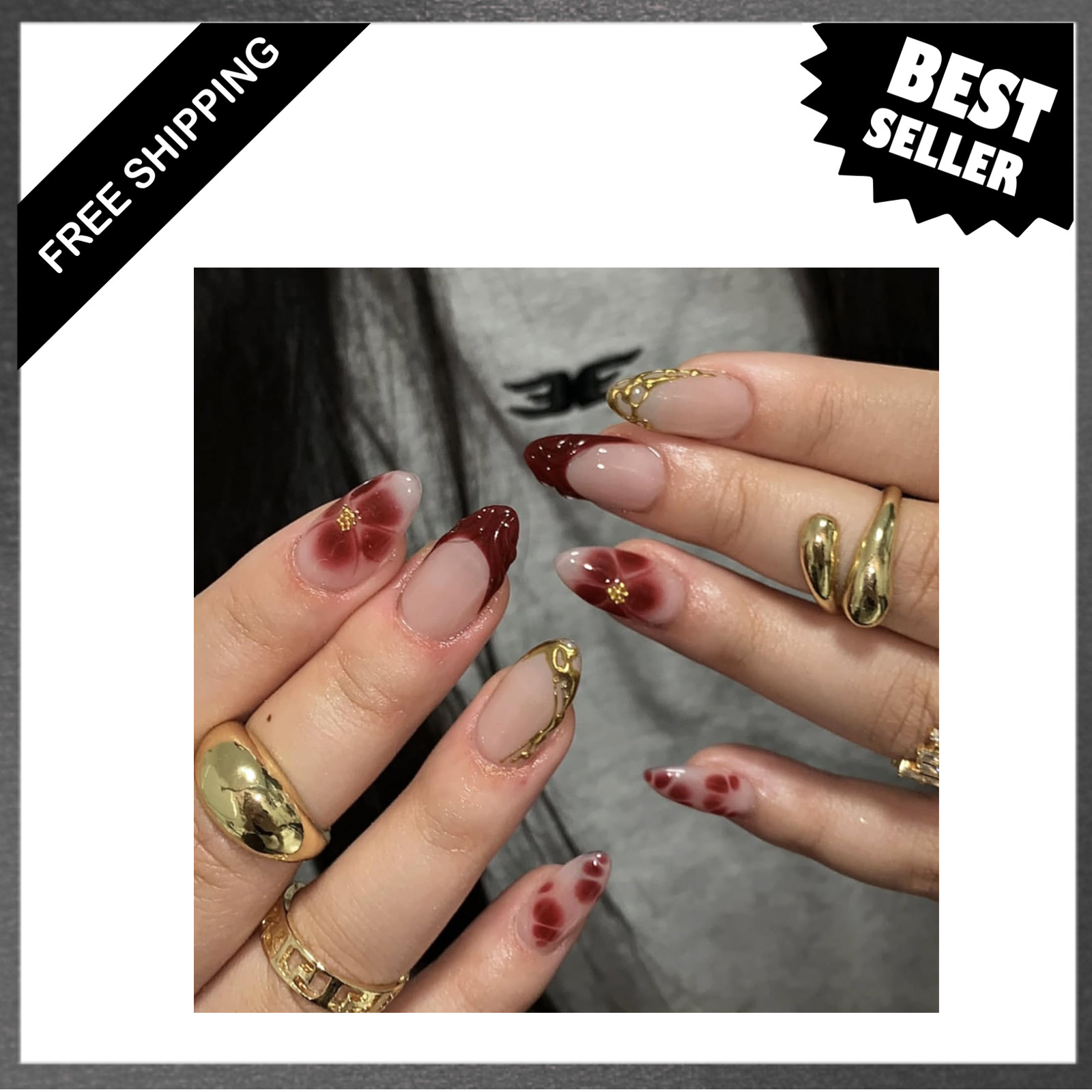 French Tip Press On Nails Short Almond Red 24 Pieces with 3D Gold Bead Designs