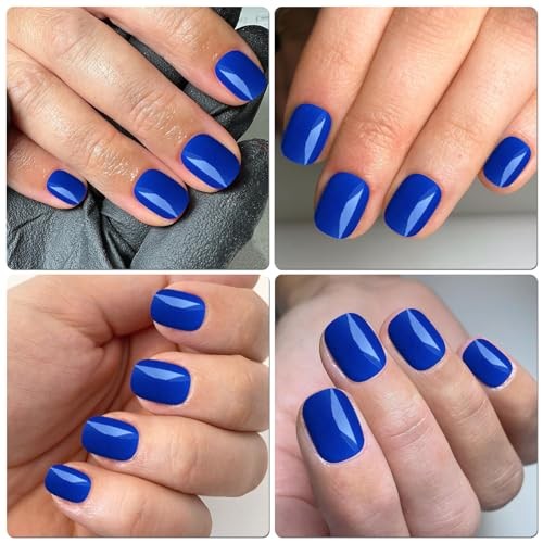 Short Press on Nails Square Round Short Fake Nails Glossy Full Royal Blue