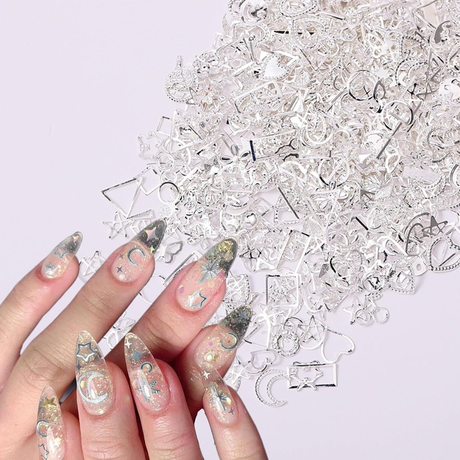 900Pcs Silver Nail Charms Alloy Star Nail Rhinestones 3D Nail Art Charms for Nai